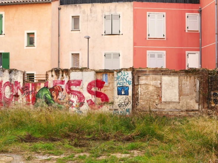 the building behind the grass is covered in graffiti