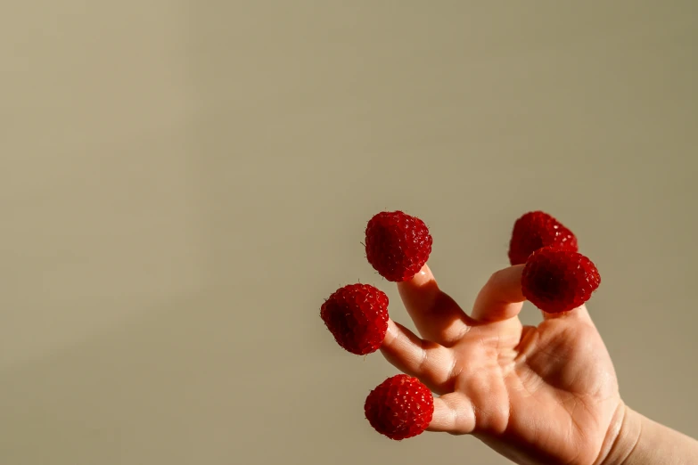 someone holding four strawberries in the middle of their fingers