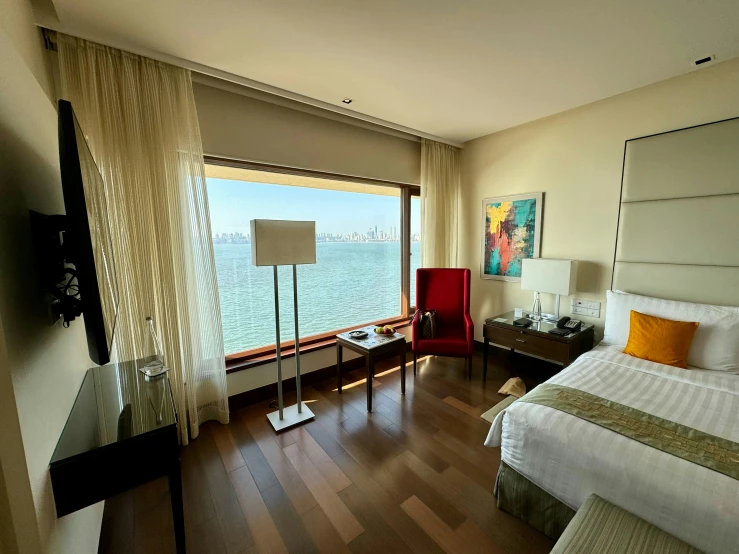a view of a room with an ocean view is shown