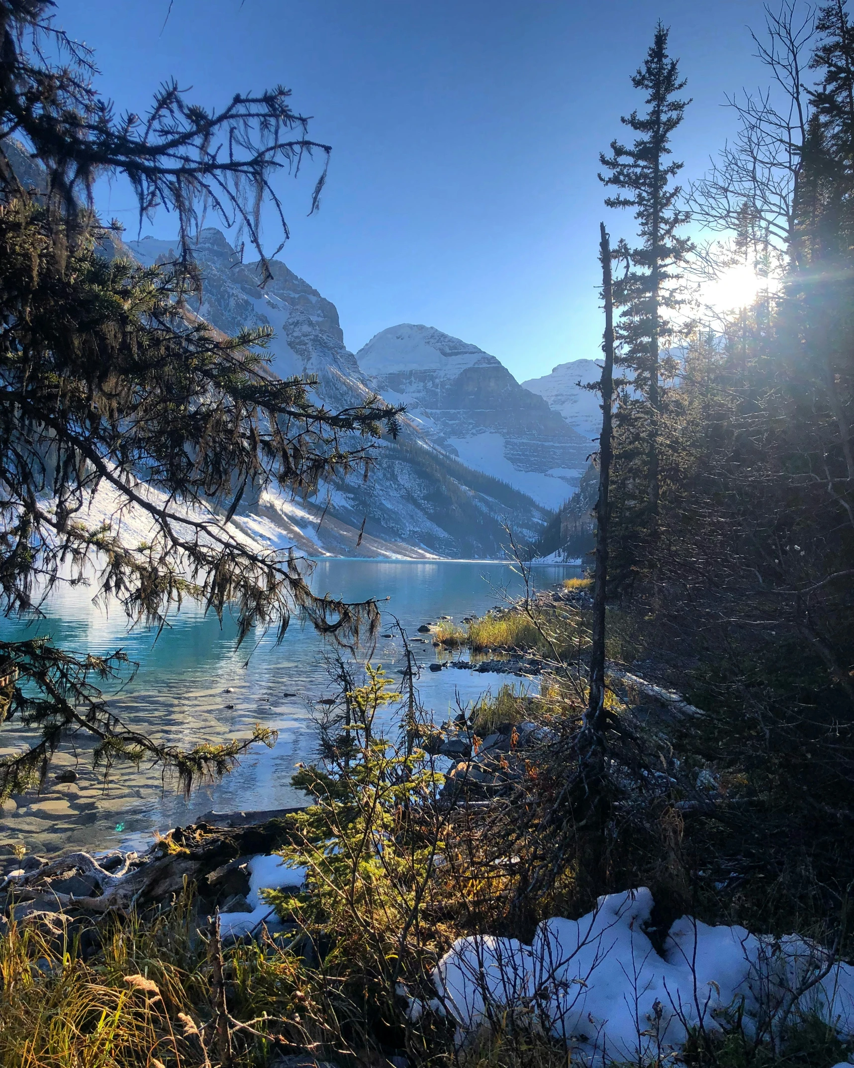 the sun is peaking through the trees above the lake