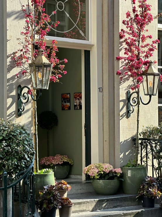 a door surrounded by flower pots and iron railing