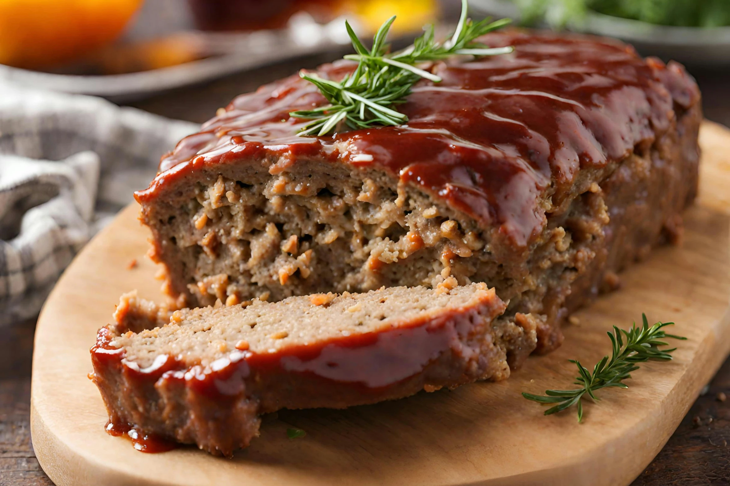 slices of meatloaf on wooden  board with fresh herbs