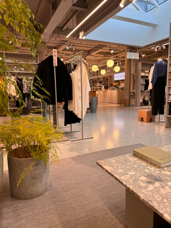 a store with clothes and flowers on the floor