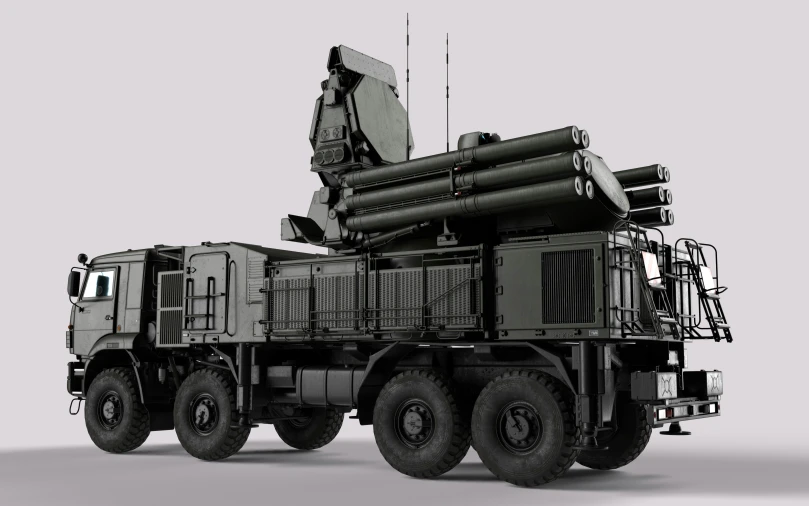 the military vehicle is equipped with many large antennas