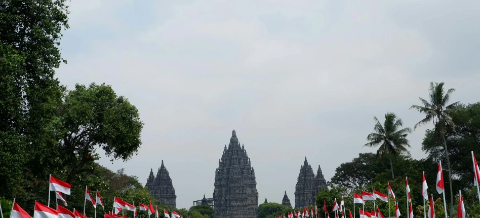 several flags are on the grass with trees surrounding them