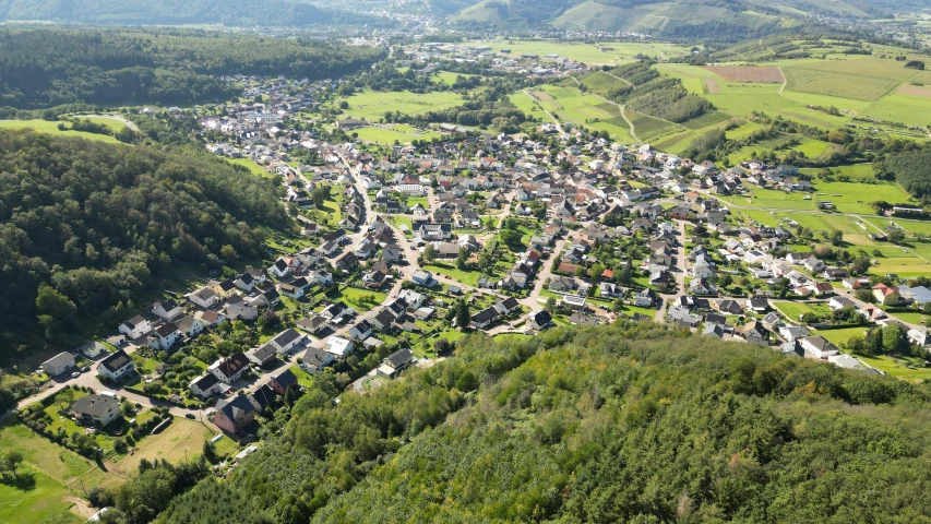 an overview s of a small town in the countryside