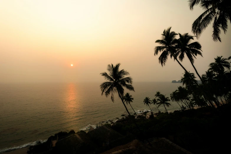 the sun setting over the ocean with palm trees