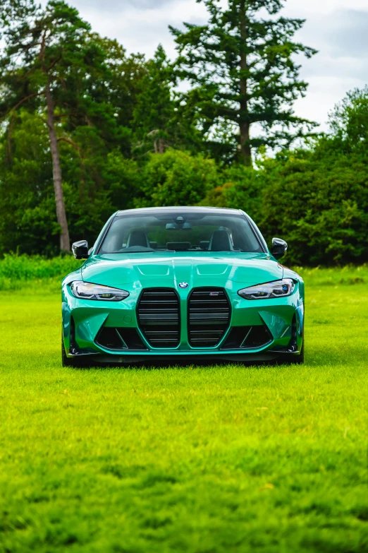 a sports car in a green field near some trees