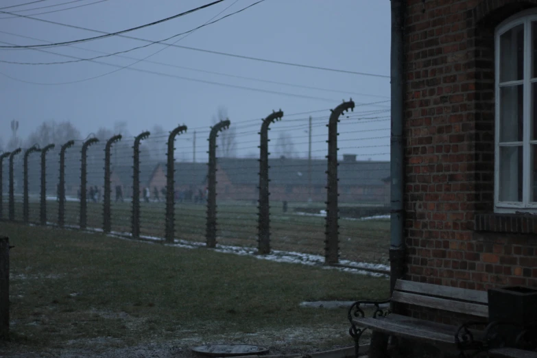 a row of barbed wire is behind a bench