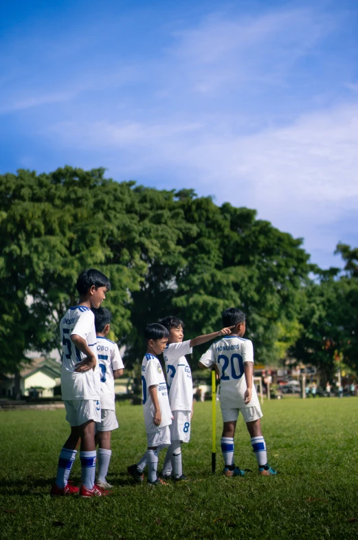 a group of s wearing soccer uniforms standing in front of a tree