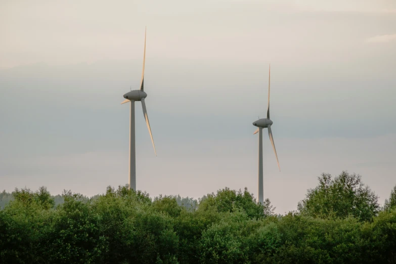 two wind mills are standing near the tree line