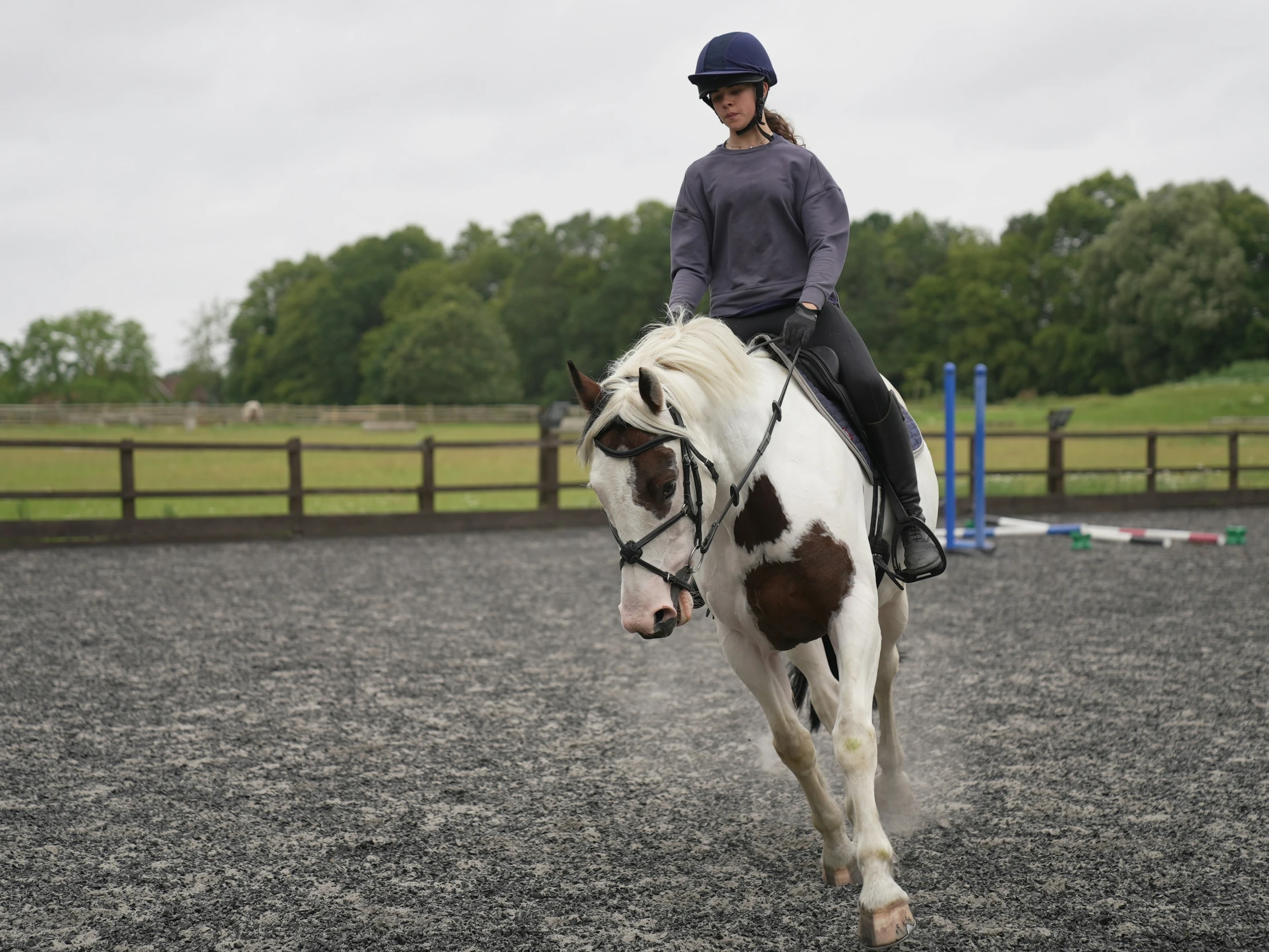 a woman riding on the back of a white and brown horse