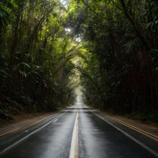 a street with a road surrounded by trees