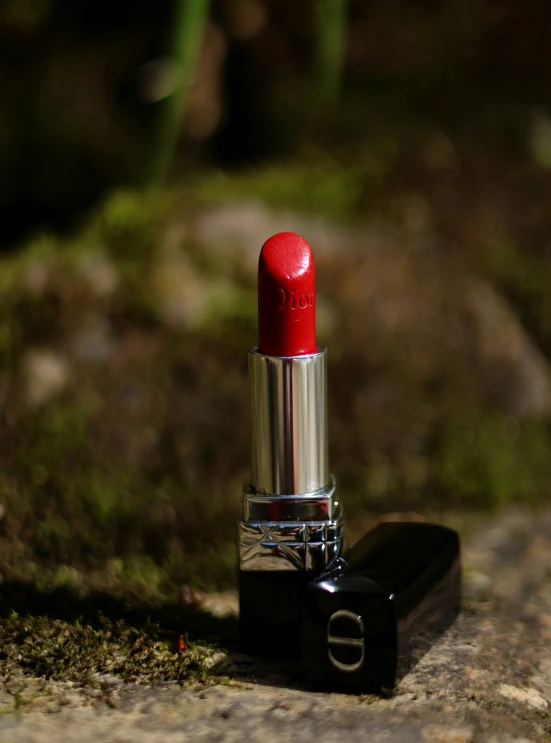 a red lipstick is laying on a rock