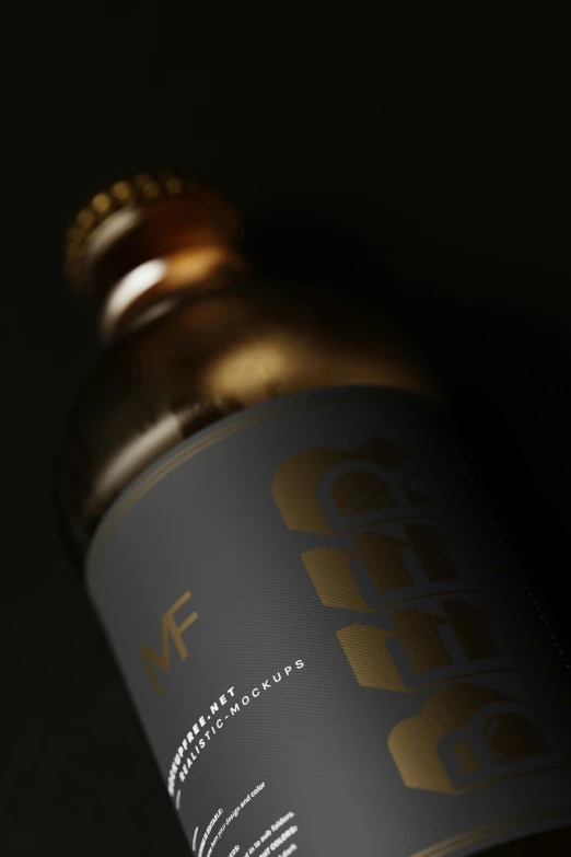 close up po of a bottle with a black and gold label