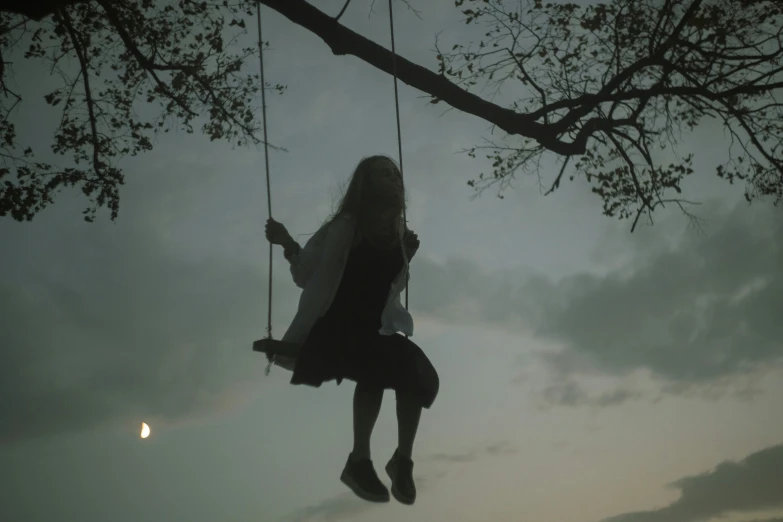 a silhouette of a girl sitting on a swing