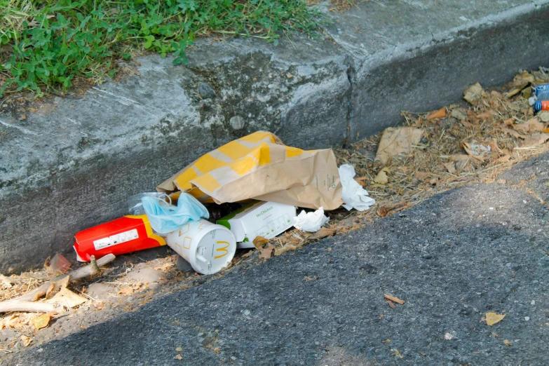 some trash on the side walk with a brown bag