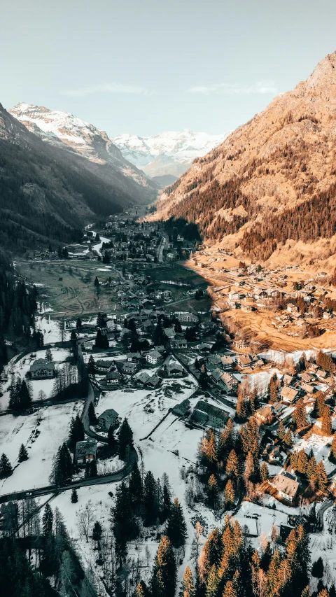 a snow - covered valley with a village, trees and mountains in the background