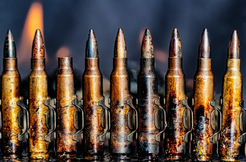 different types of bullet casings are arranged and placed neatly