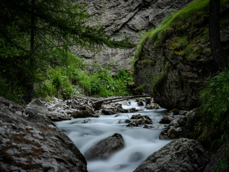 a river running through some grass and rocks