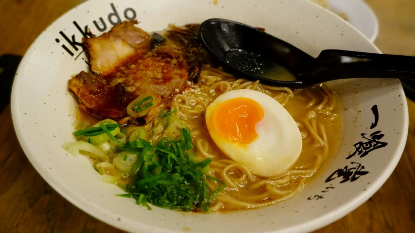 bowl filled with noodles, meat and an egg