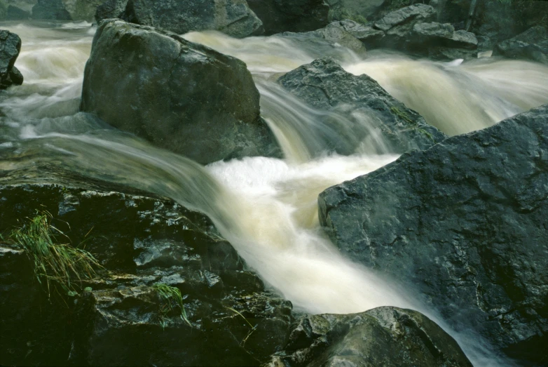 a po looking down at a rushing stream