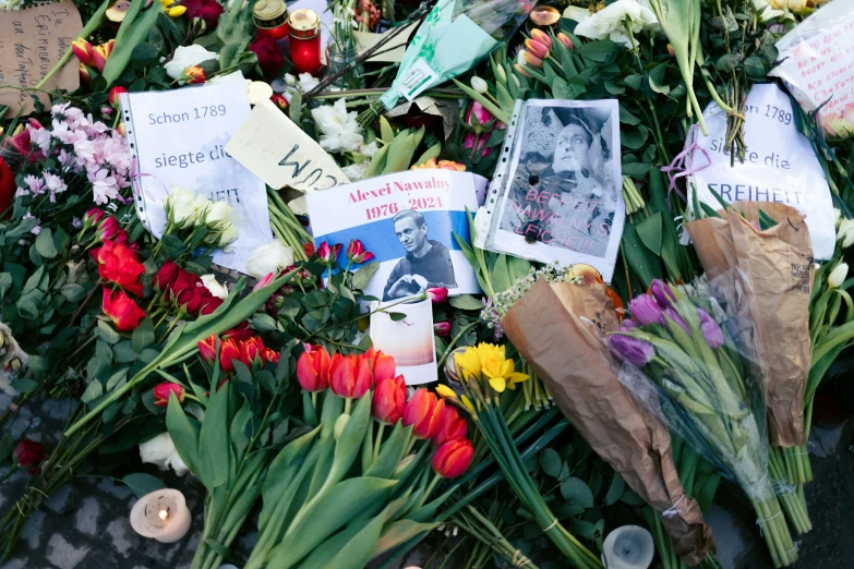 the flowers, pictures and signs are laying by each other