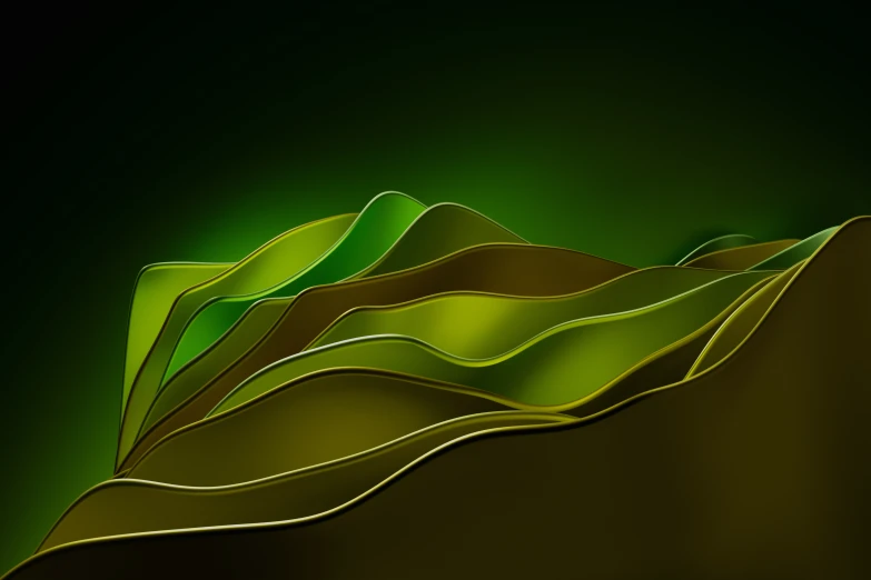 a stylized painting of green and black mountains