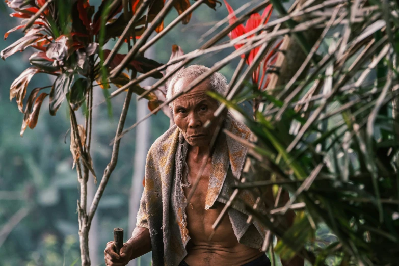 an older man carrying a cane through a garden