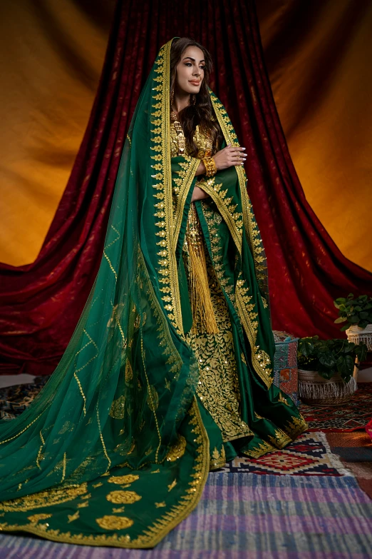 the woman is wearing a traditional green and yellow outfit