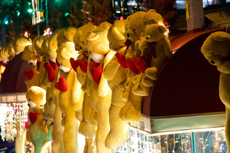 christmas lights around teddy bears hanging on a building