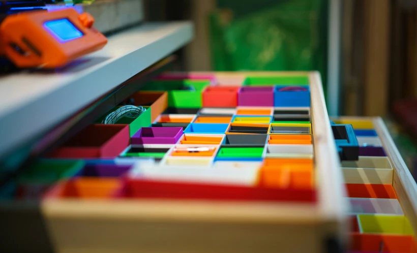 colorful tiles laying on top of a white surface