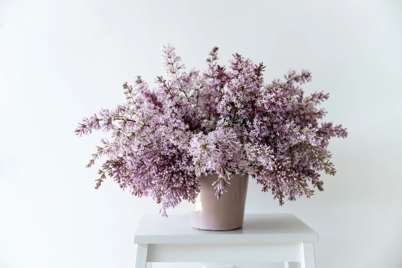 a vase filled with lots of purple flowers