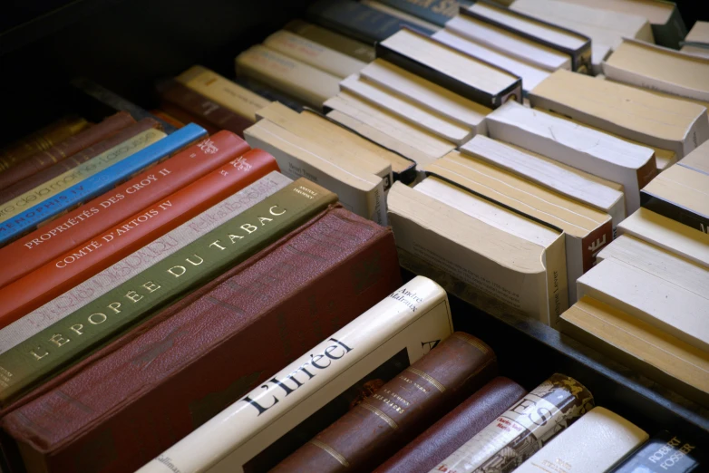 many stacks of books in different languages with one sitting beside the other