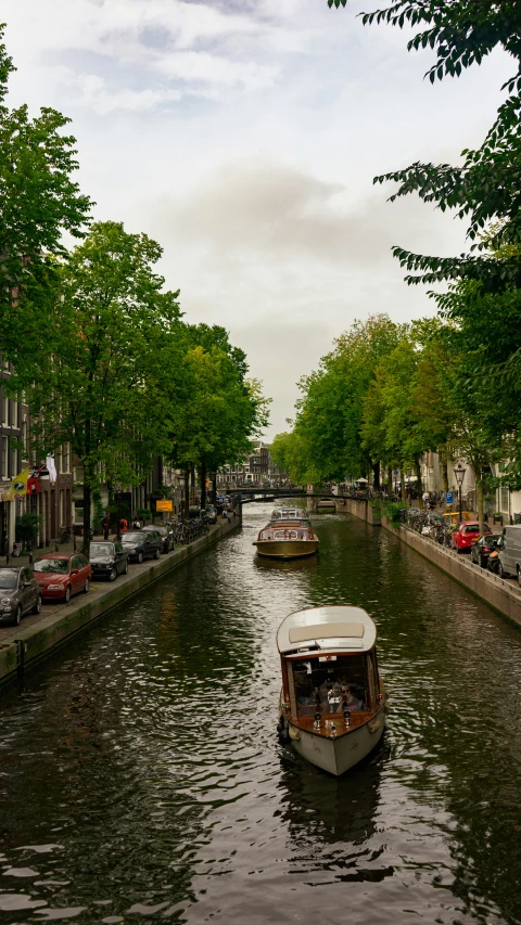 several boats on a canal with many green trees