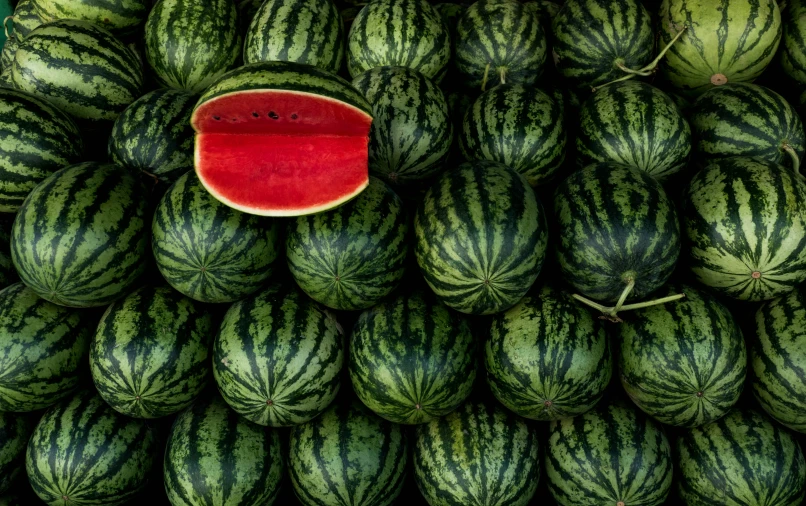 several watermelons and one orange in a large pile