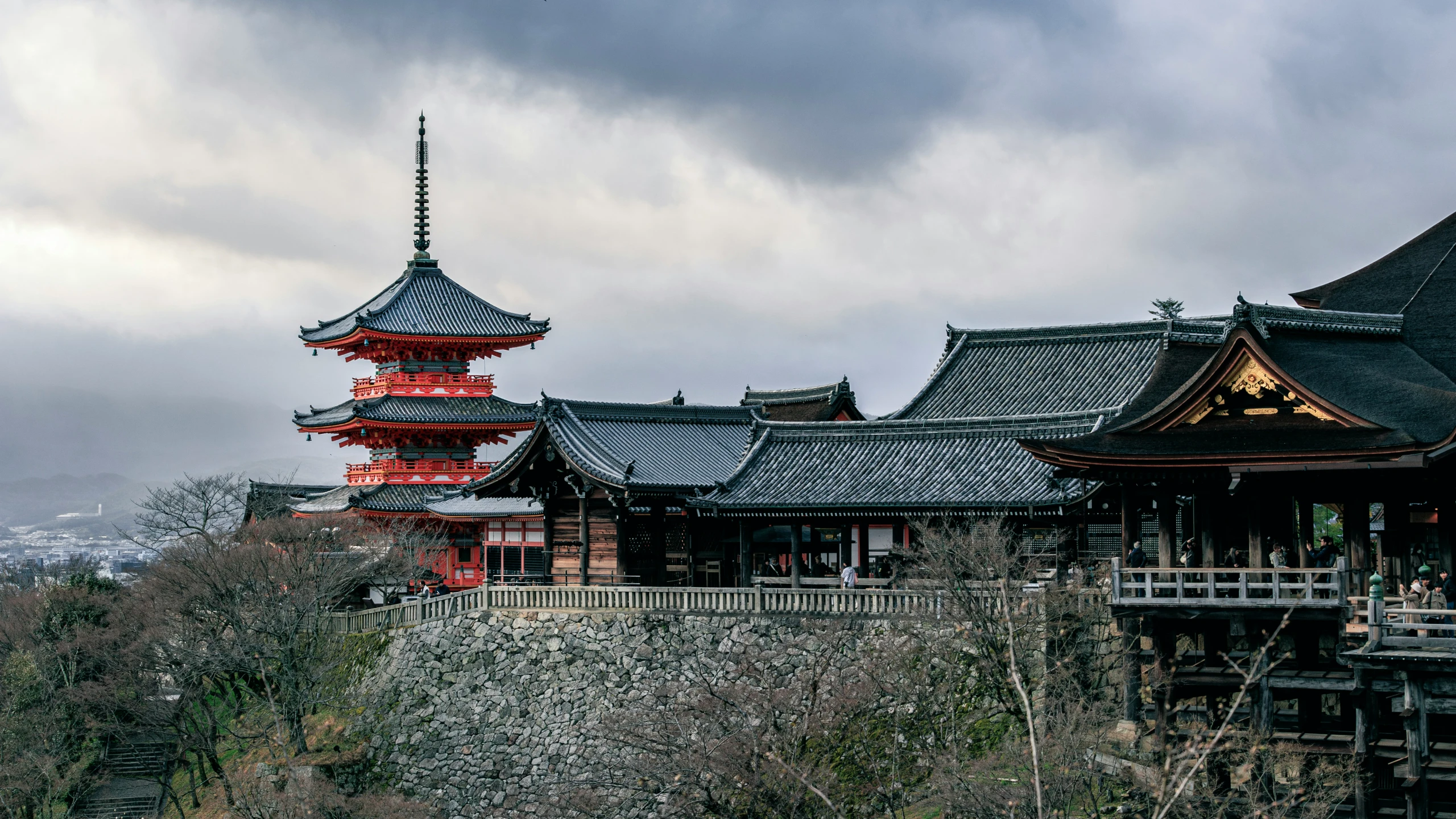 the pagoda is surrounded by a lush green valley and forest