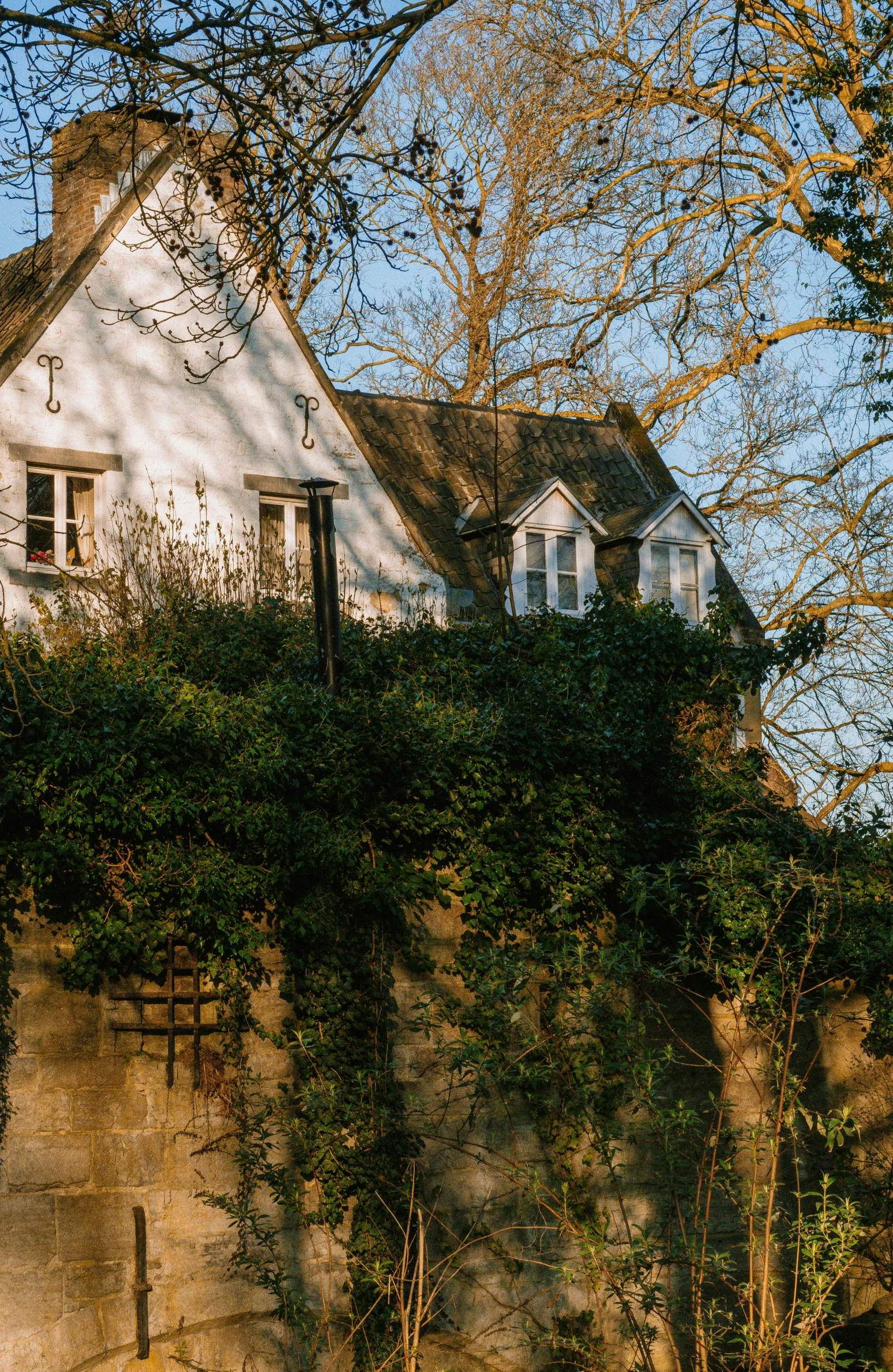 a white house sitting on top of a tree covered hillside