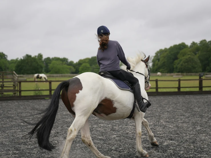 a woman rides a horse in an enclosure