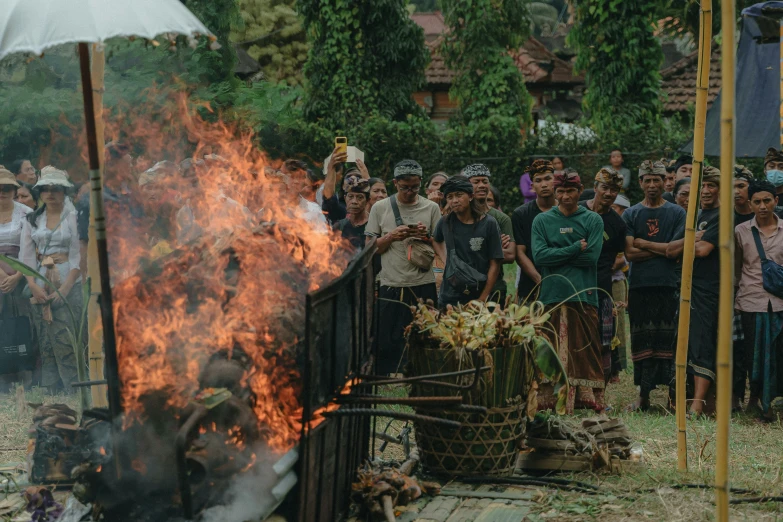 the fire was lit in a temple or temple as people watch