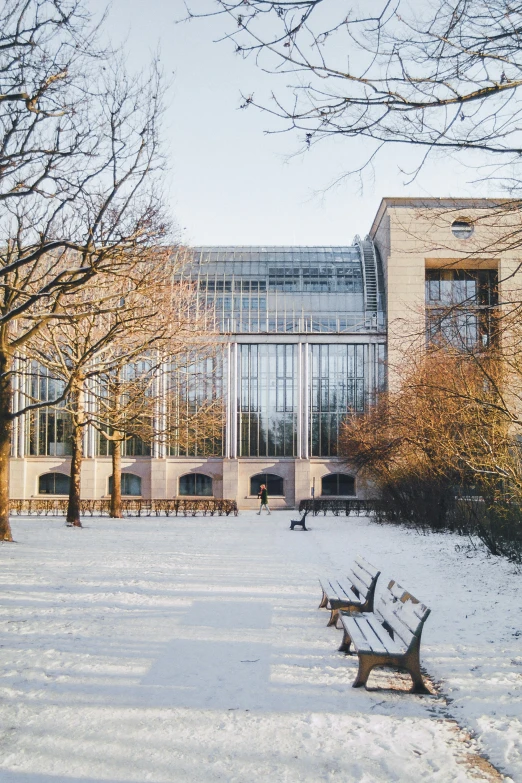 park benches on the snow covered ground near a building