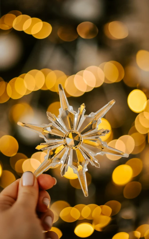 a hand holding a tiny star shaped object with yellow lights in the background