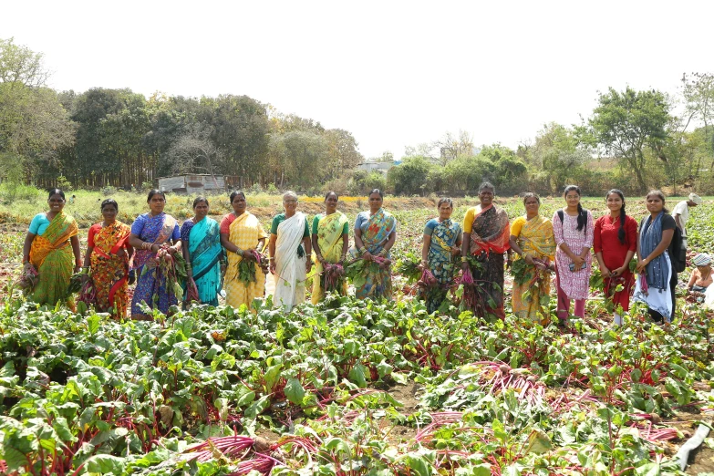 women gather in a garden with their heads bowed