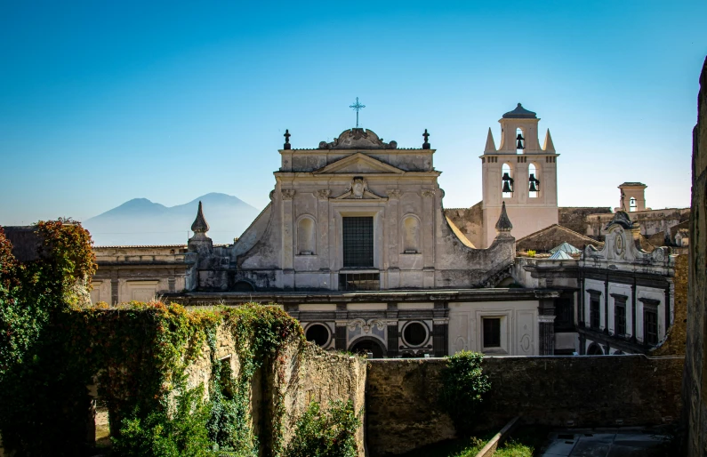 the view from an old church that is in ruins