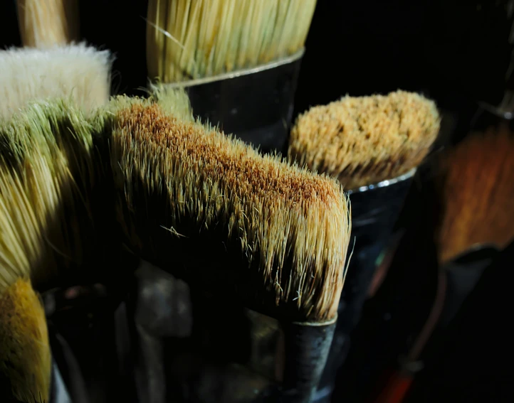 various colored brushes in buckets on display
