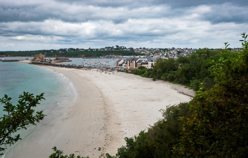 a white sandy beach surrounded by greenery and lots of blue water