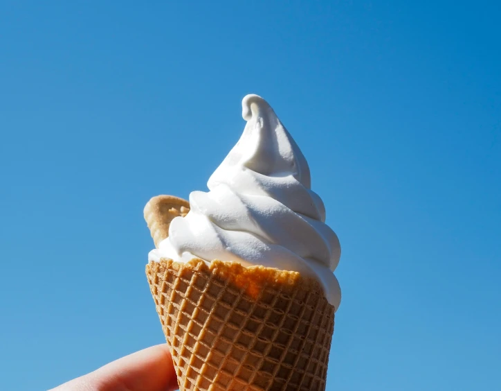 a hand holding an ice cream cone with whipped cream on top