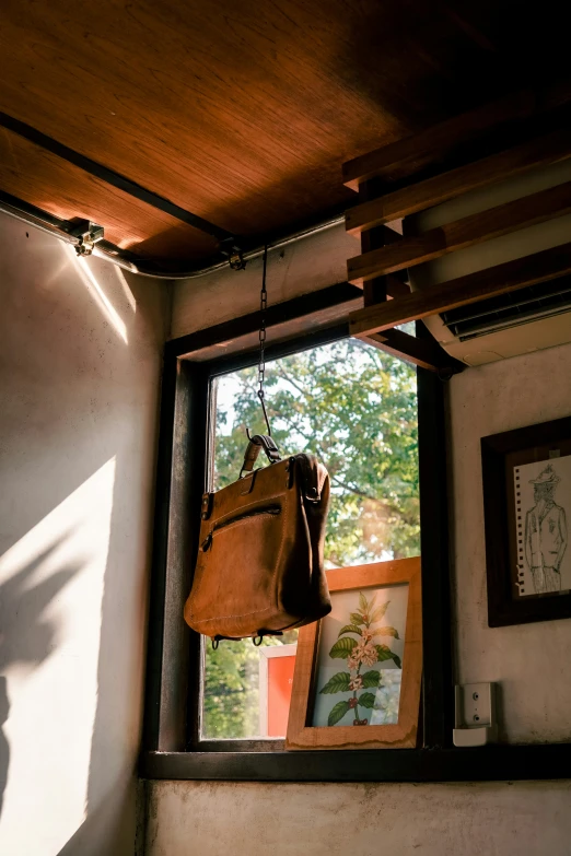 a handbag hangs in the window with a tree in the background