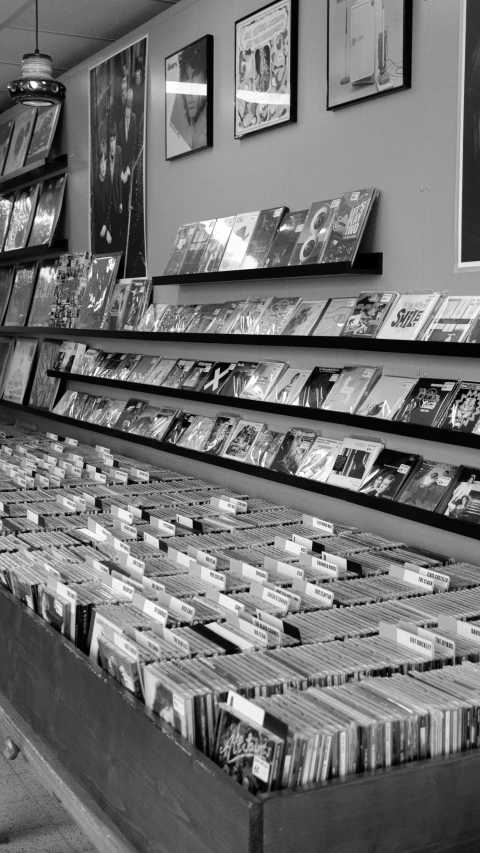 an assortment of dvds and record disks on a long shelf