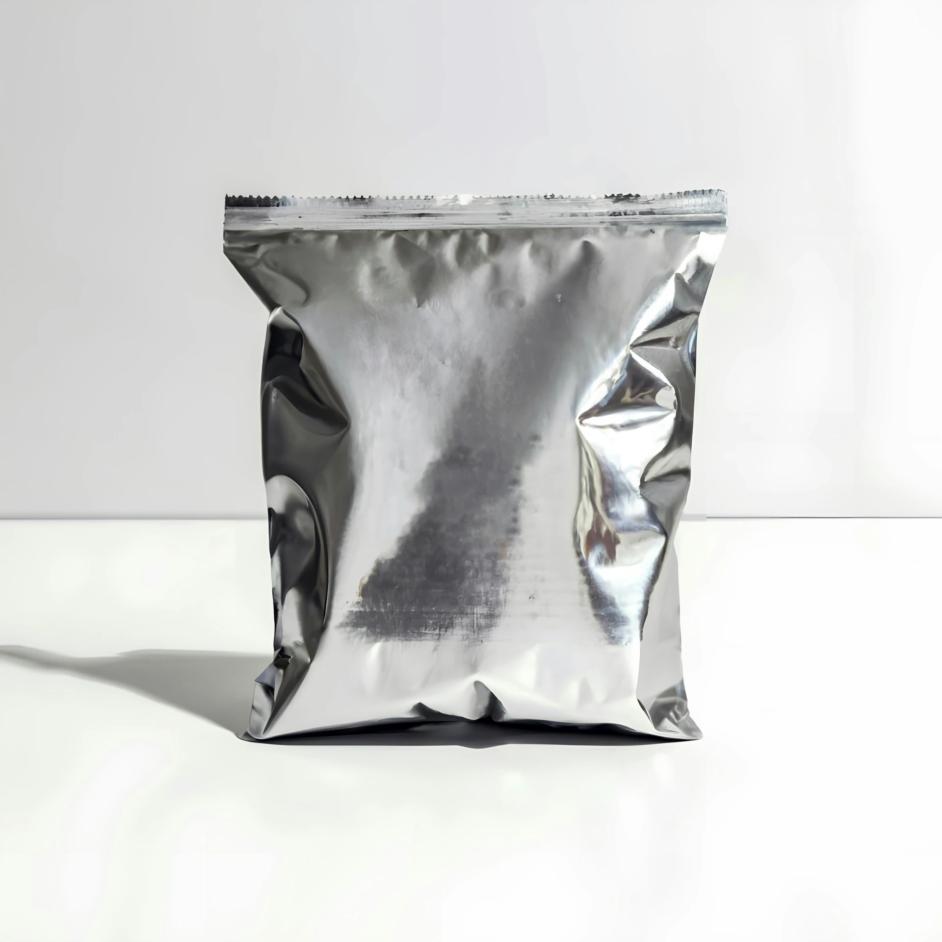 a silver bag sitting on a white surface